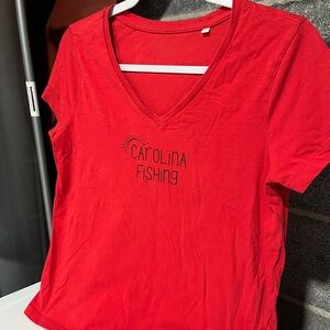 Red V-Neck Fishing T-shirt Size L, 100% organic cotton custom design